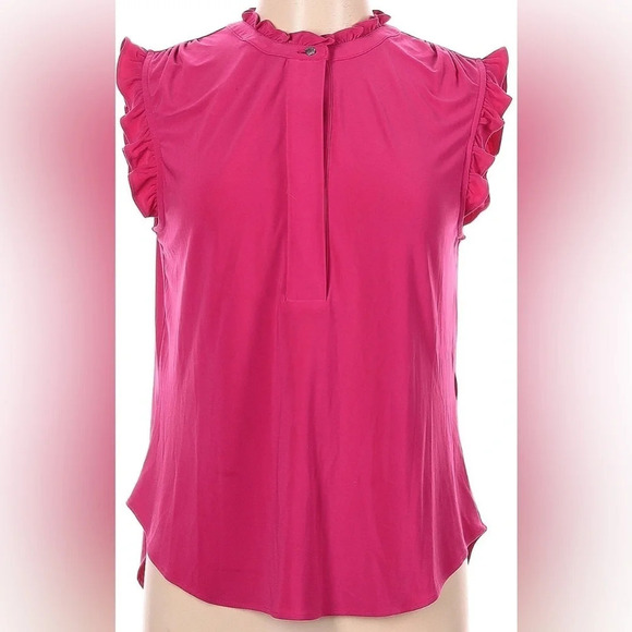 DKNY | Georgette Mock Neck Sleeveless Ruffled Trim Shirt (M) - Picture 1 of 5